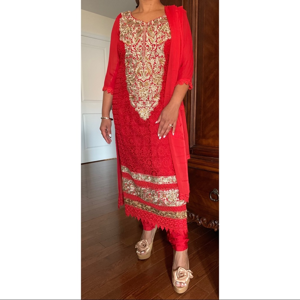 Red Pakistani suit with silver & gold embroidery